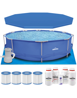 Dellonda 12ft Steel Frame Swimming Pool Round with Accessories, Blue