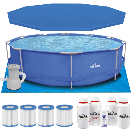 Dellonda 12ft Steel Frame Swimming Pool Round with Accessories, Blue