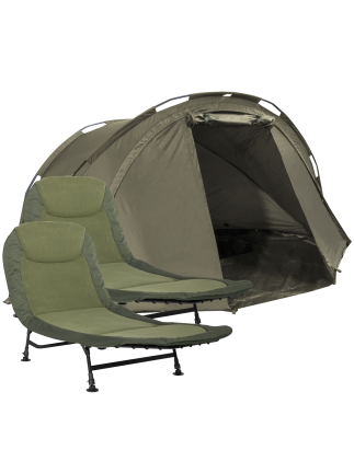 Dellonda Fishing Bivvy Carp Tent Lightweight 2-Man Waterproof & UV Protection Pre-Threaded Poles with Fishing Bedchair x 2