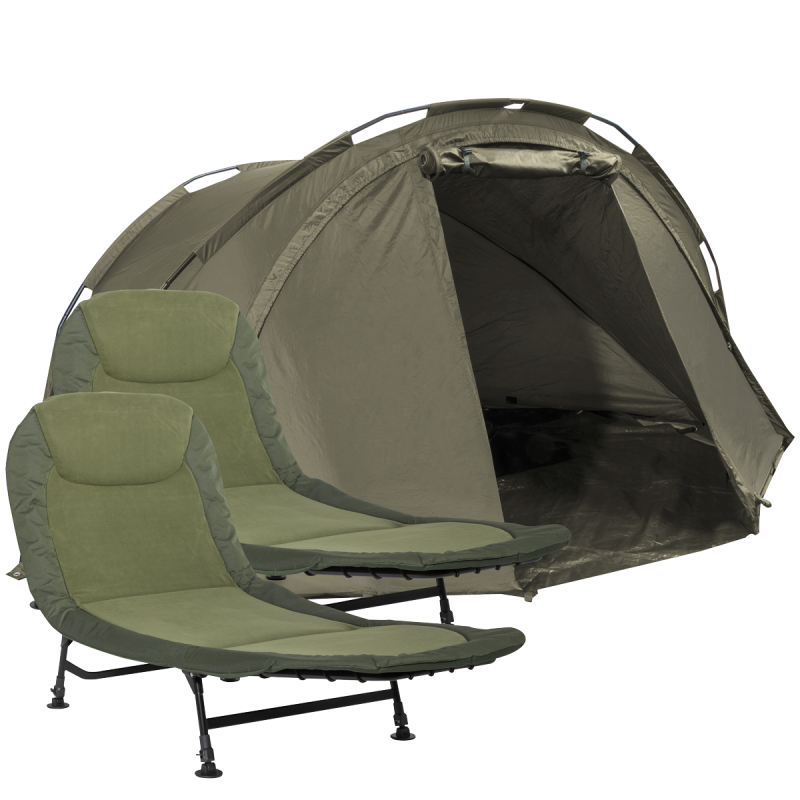 Dellonda Fishing Bivvy Carp Tent Lightweight 2-Man Waterproof & UV Protection Pre-Threaded Poles with Fishing Bedchair x 2