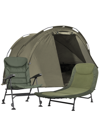 Dellonda Fishing Bivvy Carp Tent Lightweight 2-Man Waterproof & UV Protection with Fishing/Camping Chair & Adjustable Bedchair