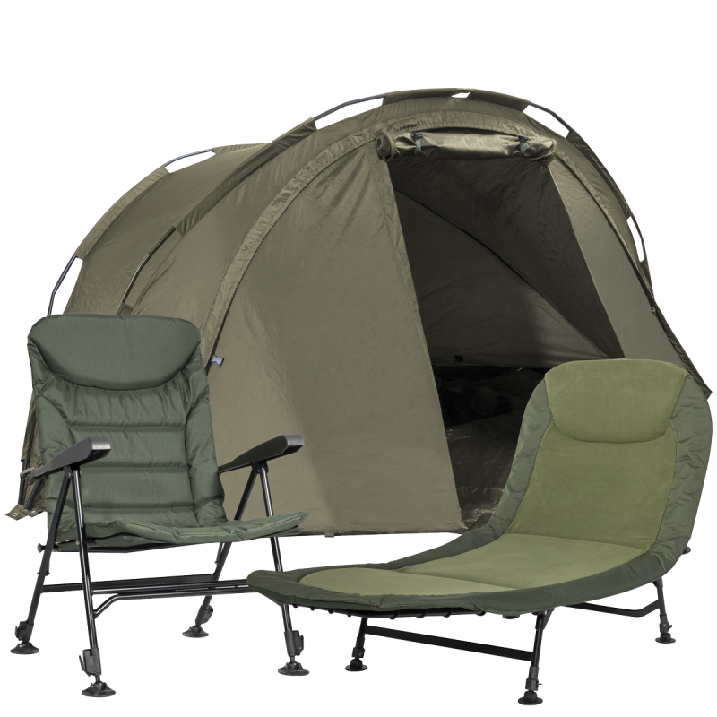 Dellonda Fishing Bivvy Carp Tent Lightweight 2-Man Waterproof & UV Protection with Fishing/Camping Chair & Adjustable Bedchair