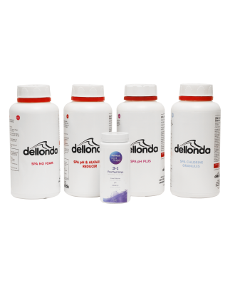 Kit de démarrage pour spa Dellonda – chlore, augmenteur de pH, acide sec, duvet de mousse et bandelettes de test