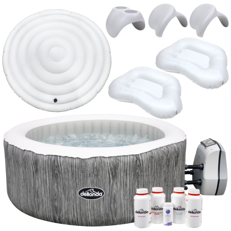 Dellonda 2-4 Person Inflatable Hot Tub Spa Starter Kit with Smart Pump - Wood Effect