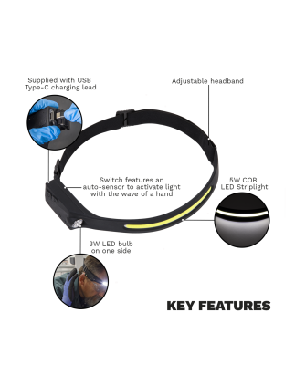 Head Torch 5W COB & 3W LED Bulb with Auto-Sensor Rechargeable