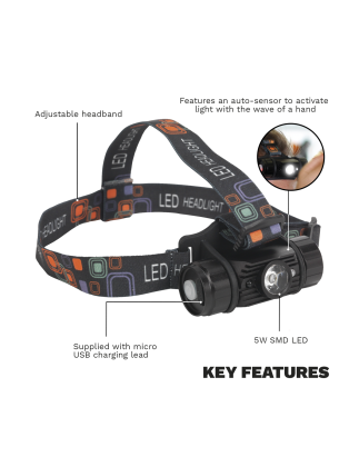 Rechargeable Head Torch 5W SMD LED Auto-Sensor