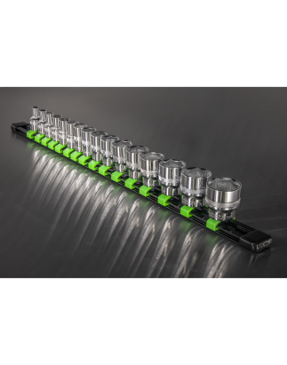 Socket Retaining Rail with 16 Clips 3/8"Sq Drive - Hi-Vis Green