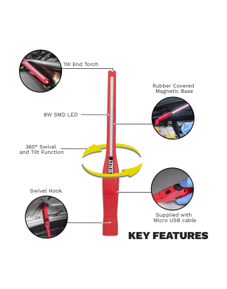 Rechargeable 360° Slim Inspection Light 8W & 1W SMD LED Red Lithium-ion