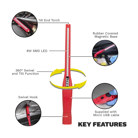 Lampe d'inspection mince rechargeable 360° 8 W et 1 W SMD LED rouge lithium-ion