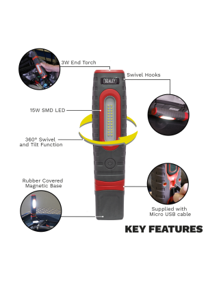 Rechargeable 360° Inspection Light 15W & 3W SMD LED Red 2 x Lithium-ion