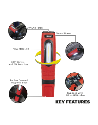 Lampe d'inspection 360° rechargeable 10W & 3W LED SMD Rouge 2 x Lithium-ion