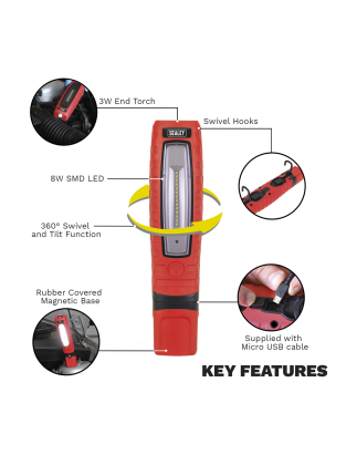 Lampe d'inspection rechargeable 360° 8W & 3W LED SMD Rouge Lithium-ion