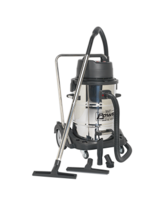 Aspirateur industriel humide et sec tambour en acier inoxydable avec vidange pivotante 77L 2400W