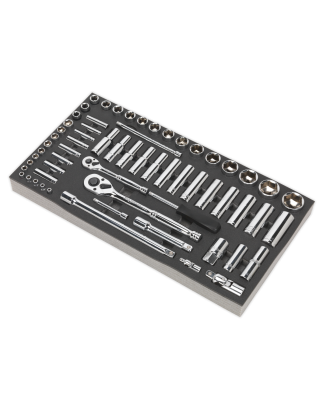 Plateau à outils avec jeu de douilles 62 pièces 1/4" et 1/2" carré métrique