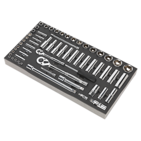 Plateau à outils avec jeu de douilles 62 pièces 1/4" et 1/2" carré métrique