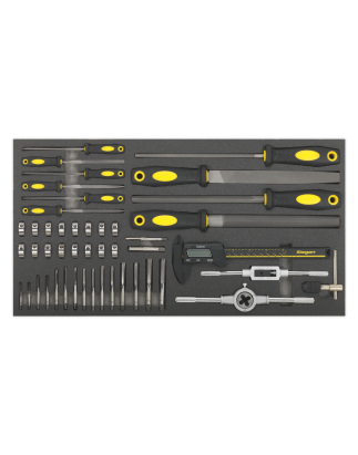 Plateau à outils avec jeu de tarauds et filières, limes et étriers 48 pièces