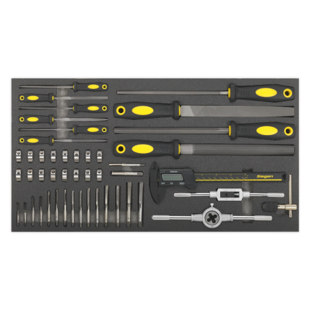 Plateau à outils avec jeu de tarauds et filières, limes et étriers 48 pièces