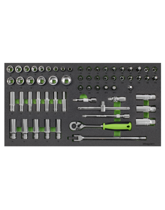 Plateau à outils avec jeu de douilles 62 pièces, entraînement carré 3/8" métrique