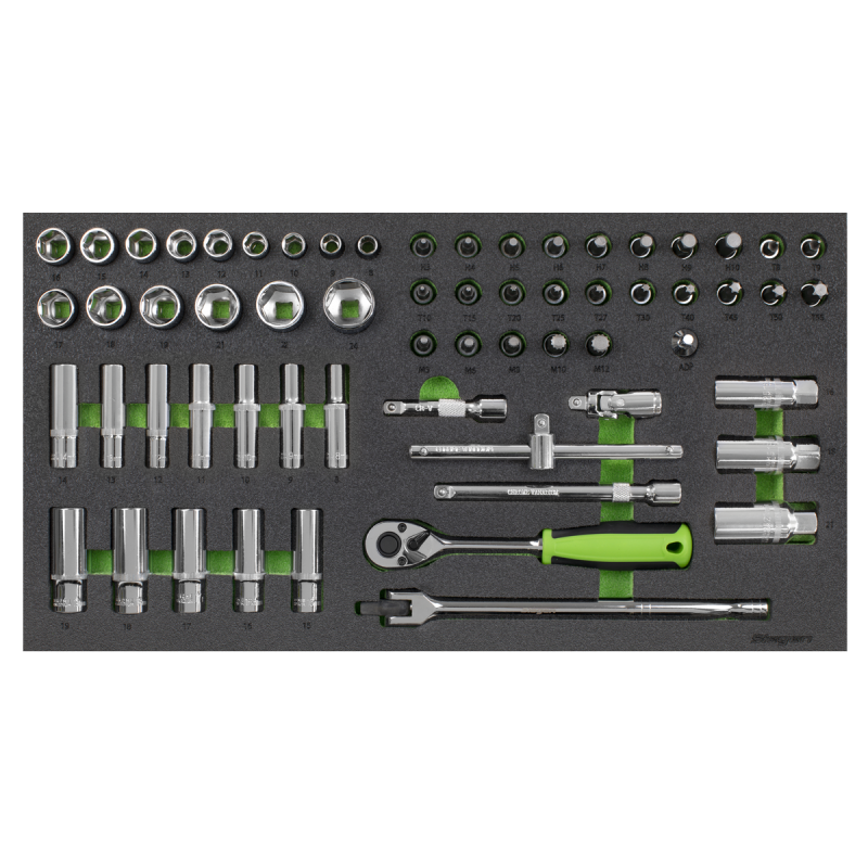 Plateau à outils avec jeu de douilles 62 pièces, entraînement carré 3/8" métrique