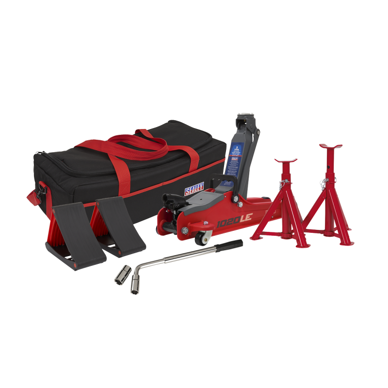 Low Entry Short Chassis Trolley Jack & Accessories Bag Combo, 2 Tonne - Red