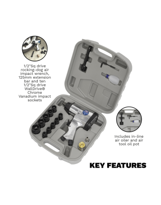 Air Impact Wrench Kit with Sockets 1/2"Sq Drive