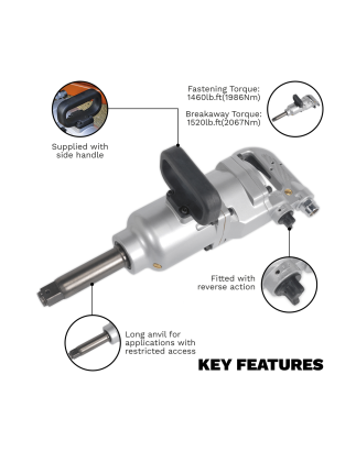 Long Anvil Straight Air Impact Wrench 1"Sq Drive