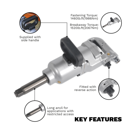 Long Anvil Straight Air Impact Wrench 1"Sq Drive