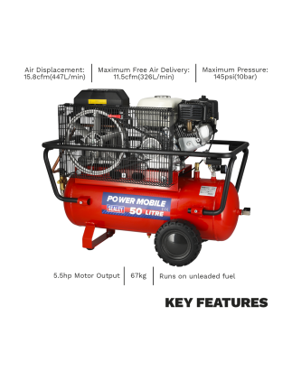 Compresseur d'air à entraînement par courroie 50 L avec moteur à essence 5,5 ch
