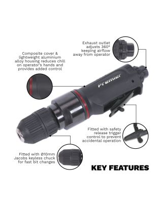 Perceuse pneumatique droite Premier 10 mm avec mandrin sans clé