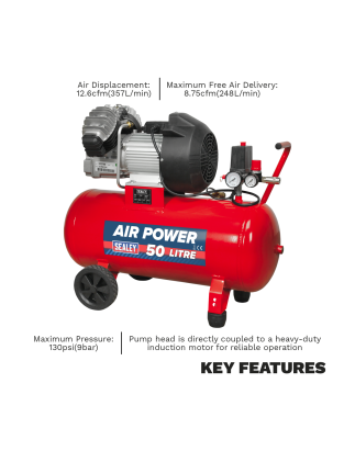 50L V-Twin Direct Drive Air Compressor 3hp