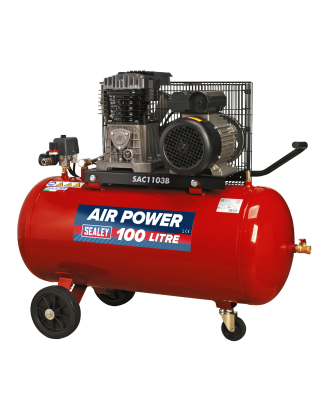 100L Belt Drive Air Compressor with Cast Cylinders & Wheels 3hp