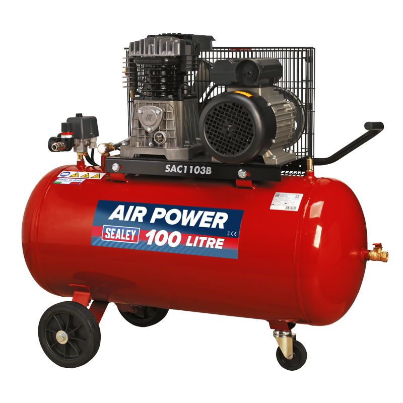 100L Belt Drive Air Compressor with Cast Cylinders & Wheels 3hp