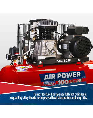 100L Belt Drive Air Compressor with Cast Cylinders & Wheels 3hp