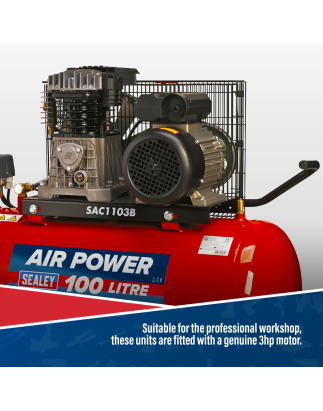 100L Belt Drive Air Compressor with Cast Cylinders & Wheels 3hp