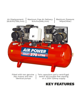 Compresseur d'air à entraînement par courroie de 270 L avec cylindres moulés 2 x 3 CV