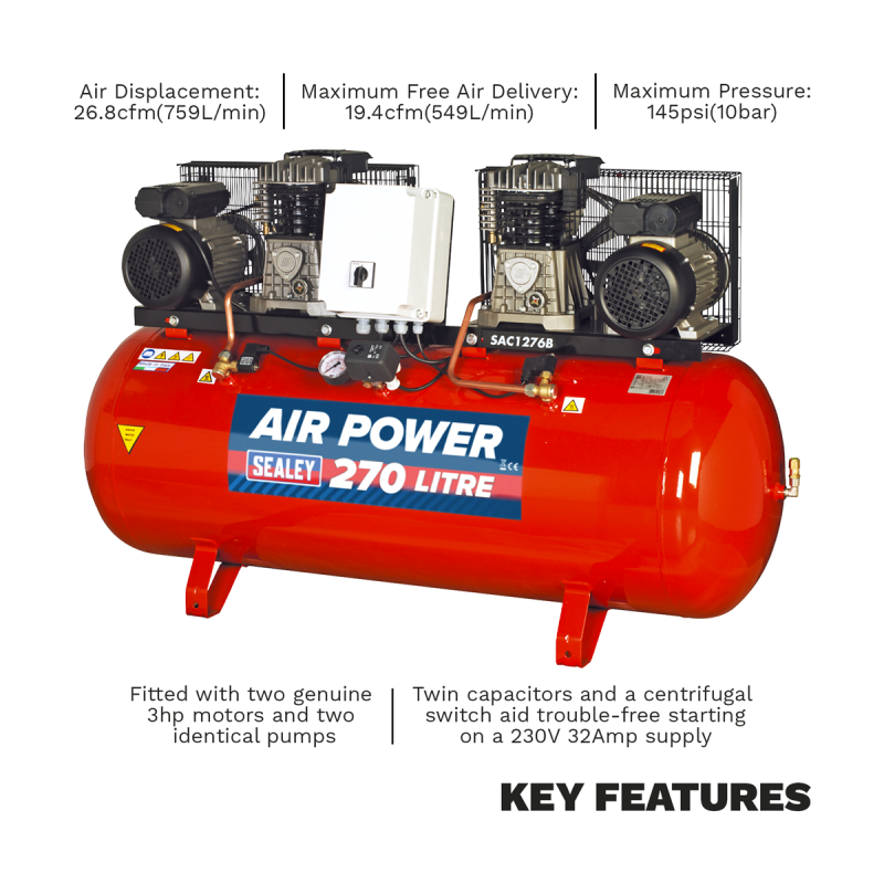 Compresseur d'air à entraînement par courroie de 270 L avec cylindres moulés 2 x 3 CV