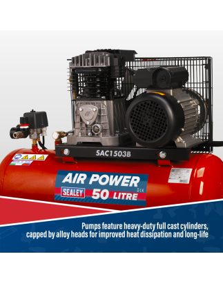 50L Belt Drive Air Compressor with Cast Cylinders & Wheels 3hp