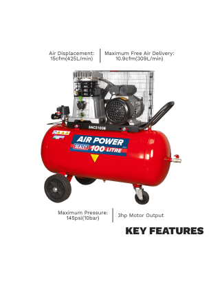 100L Belt Drive Air Compressor with Cast Cylinders & Wheels 3hp