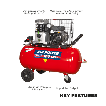 Compresseur d'air à entraînement par courroie de 100 L avec cylindres et roues en fonte 3 hp