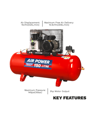 Compresseur d'air à entraînement par courroie 150L avec cylindres moulés 3hp