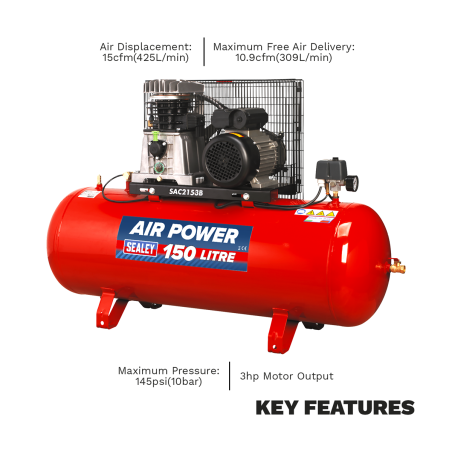 Compresseur d'air à entraînement par courroie 150L avec cylindres moulés 3hp