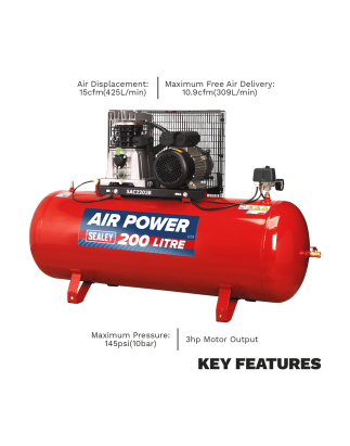 Compresseur d'air à entraînement par courroie de 200 L avec cylindres moulés 3 hp