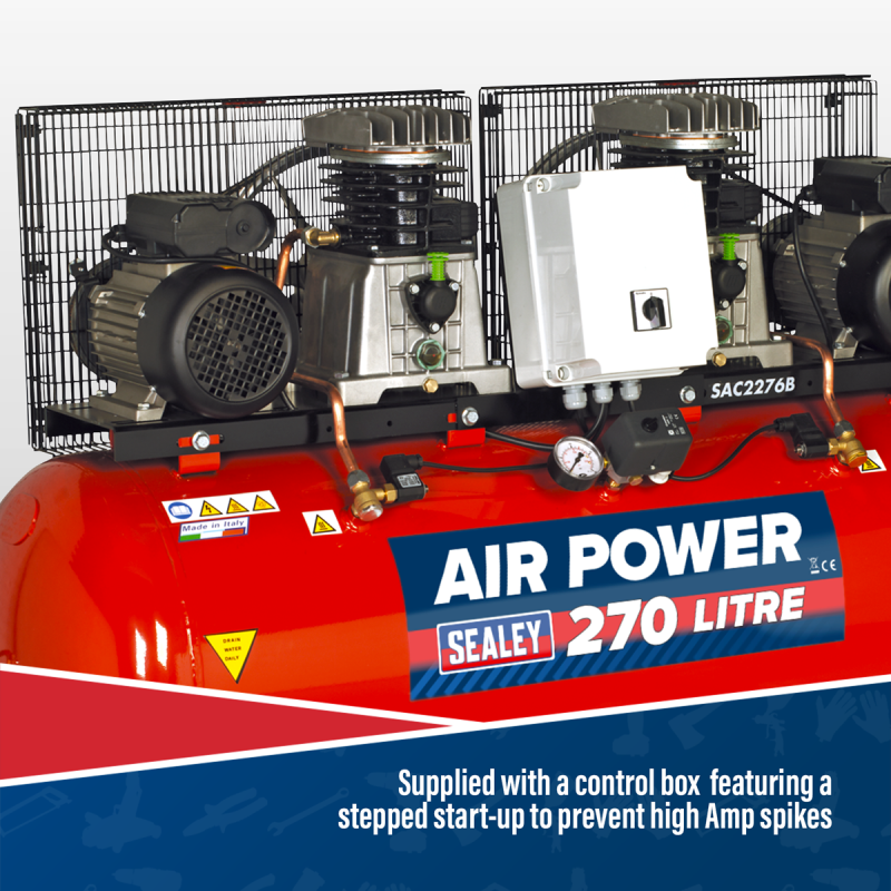 270L Belt Drive Air Compressor with Cast Cylinders 2 x 3hp