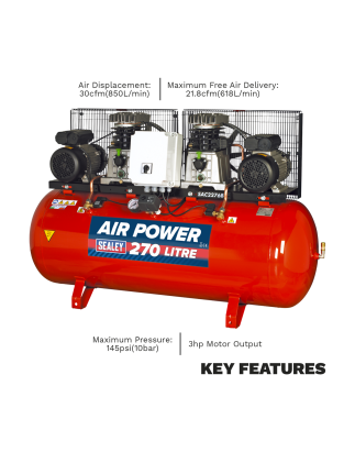 Compresseur d'air à entraînement par courroie de 270 L avec cylindres moulés 2 x 3 CV