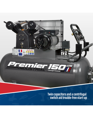 Premier 150L Belt Drive Air Compressor with Front Control Panel 3hp