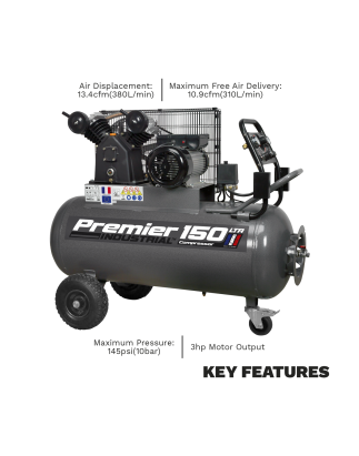 Premier 150L Belt Drive Air Compressor with Front Control Panel 3hp