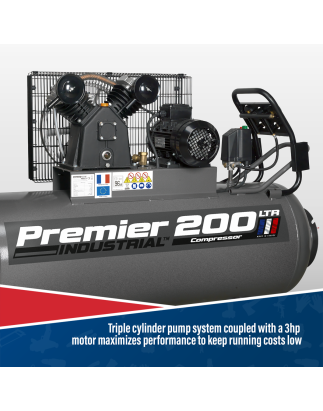 Premier 200L Belt Drive Air Compressor with Front Control Panel 3hp 415V 3ph