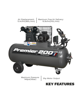 Premier 200L Belt Drive Air Compressor with Front Control Panel 3hp 415V 3ph