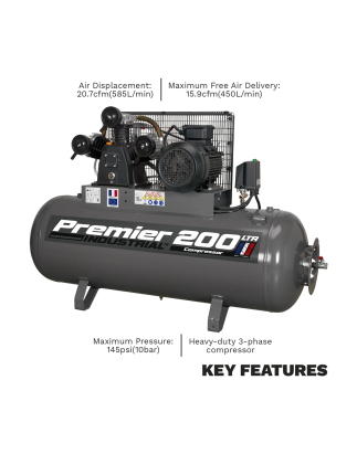 Premier 200L Belt Drive Air Compressor 5.5hp 3ph