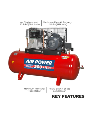 Compresseur d'air à entraînement par courroie de 200 L avec cylindres moulés 5,5 ch 3ph à 2 étages